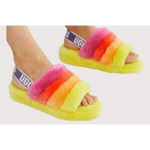 Ugg Fluff Yeah Slide Rainbow Stripe Sheepskin Sandal 7•SH